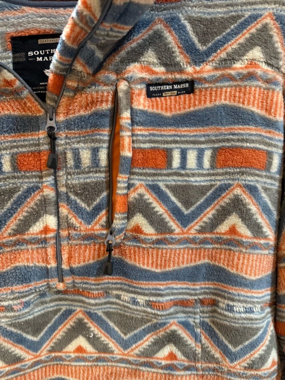 Southern Marsh Fleece Pullover with Geometric Stripe Pattern - Blue & Orange - Picture 2 of 4